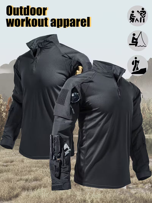 Men's Long-Sleeve Multi-Pocket Breathable Fabric Sports Training Combat T-Shirt