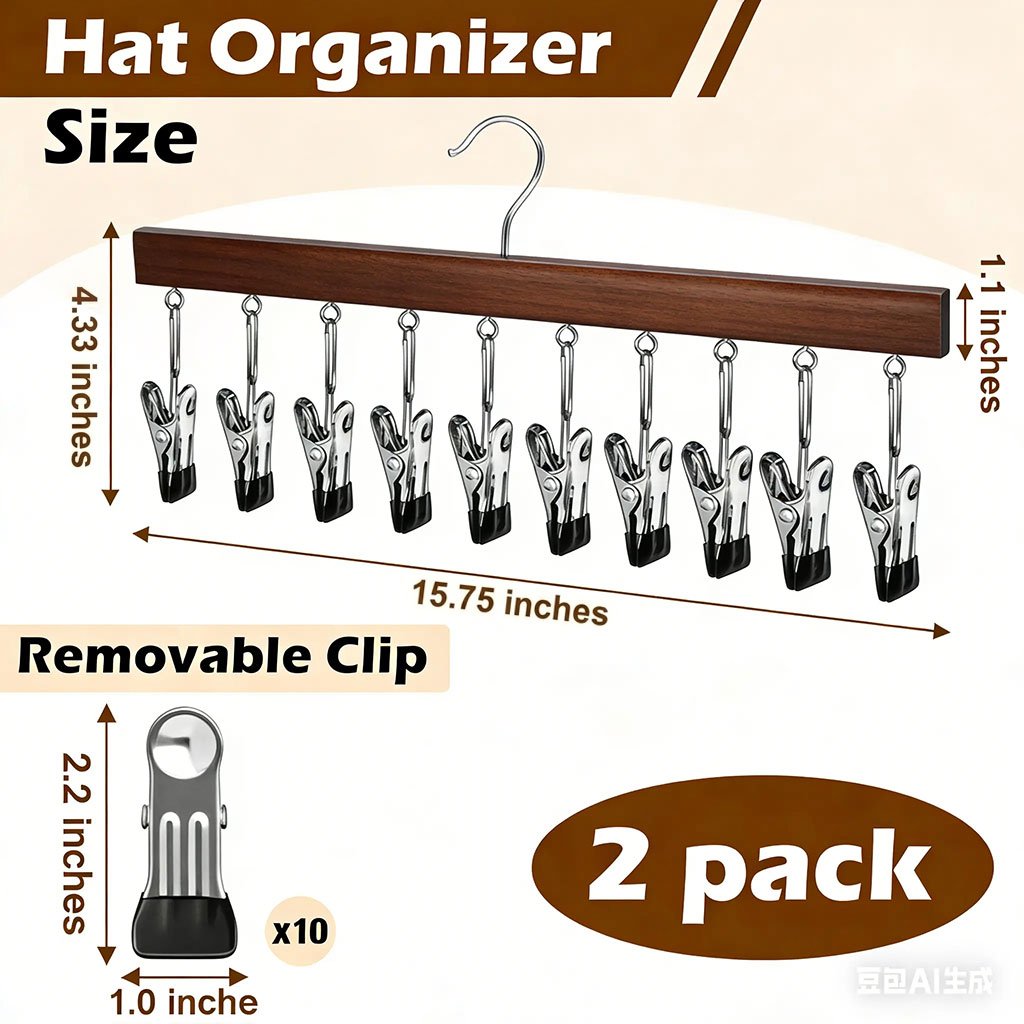 Wooden Hat Organizer with 12 Stainless Steel Clips Holds