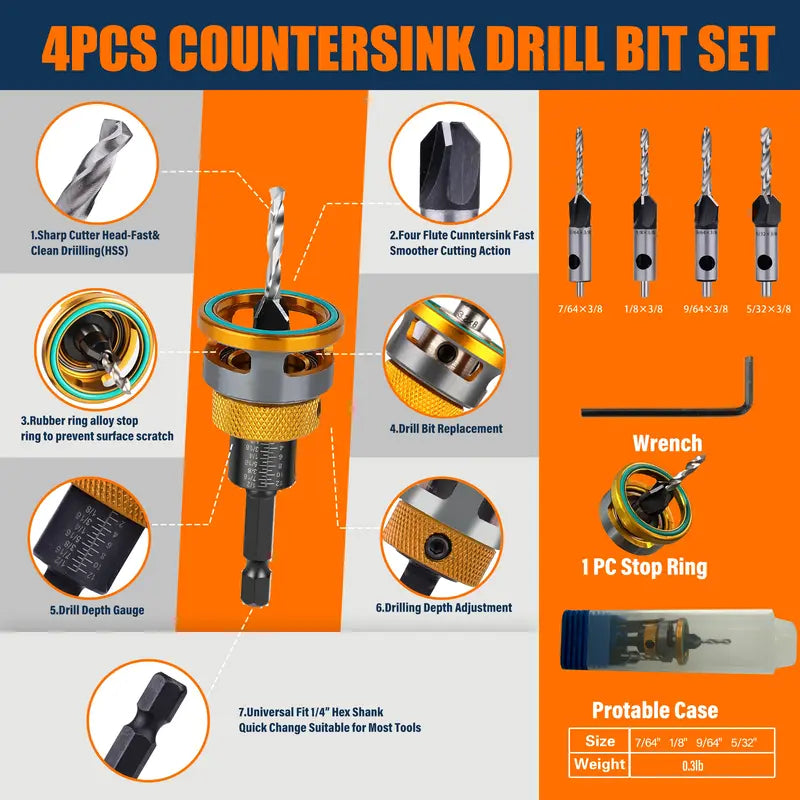 Countersink Drill Bit Set with Depth Stop 4PCS