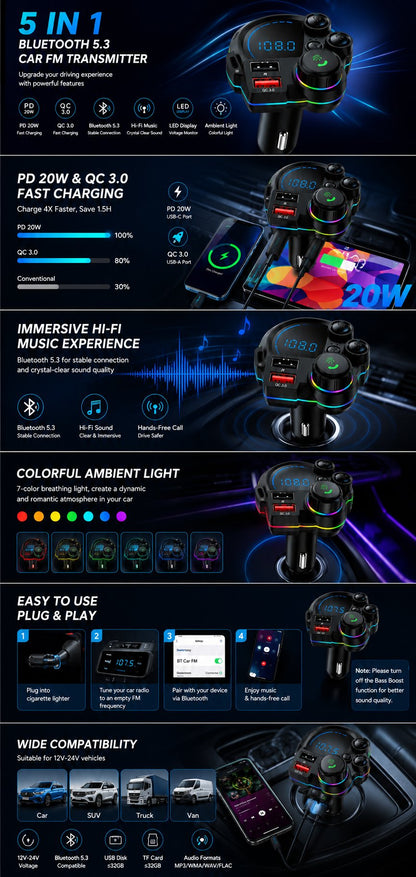 PD 30W Type-C Car Charger & Bluetooth 5.3 FM Transmitter