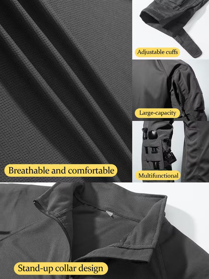 Men's Long-Sleeve Multi-Pocket Breathable Fabric Sports Training Combat T-Shirt