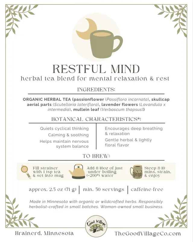 Restful Mind: Herbal Tea Blend for Nighttime Overthinkers (Caffeine-Free) Organic Herbal Traditional Loose Leaf Tea for Mental Relaxation, Rest, & Respiratory Support with Passionflower, Skullcap, Lavender, Mullein