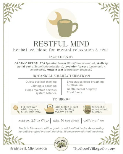 Restful Mind: Herbal Tea Blend for Nighttime Overthinkers (Caffeine-Free) Organic Herbal Traditional Loose Leaf Tea for Mental Relaxation, Rest, & Respiratory Support with Passionflower, Skullcap, Lavender, Mullein