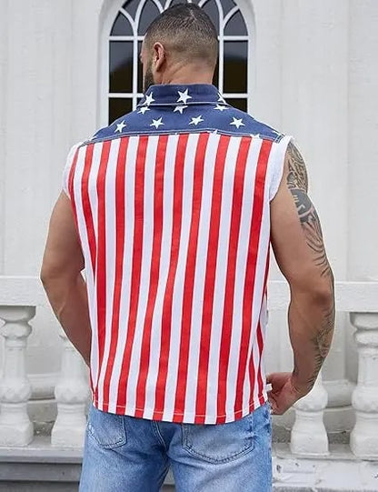 ⚡Hot Sales 49% OFF🔥Men's American Flag Denim Vest - 4th of July Patriotic Casual Sleeveless Jacket