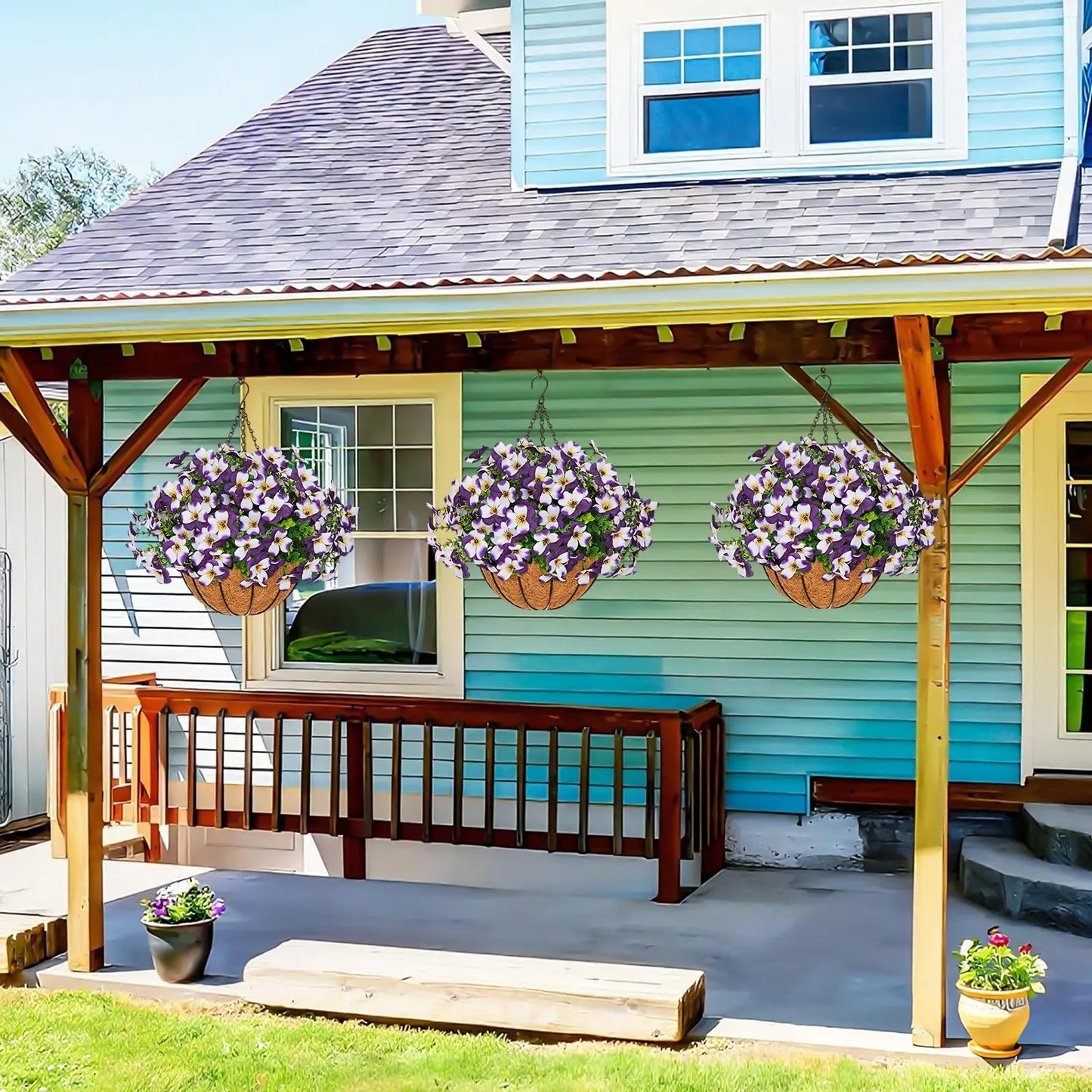 💐2-Pack Artificial Pansy Hanging Baskets 🌼