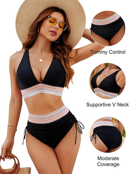 🔥Last Day 49% Off-High Waisted Tummy Control Color Block Bikini Sets