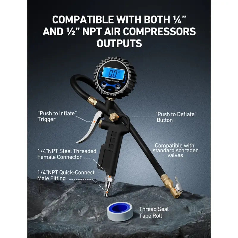 3-in-1 Tire Inflator & Gauge | Accurate 250 PSI Brass Air Compressor Tool