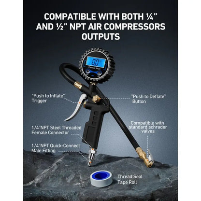 3-in-1 Tire Inflator & Gauge | Accurate 250 PSI Brass Air Compressor Tool