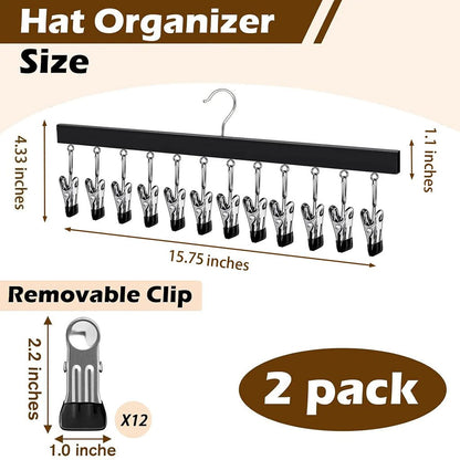 Wooden Hat Organizer with 12 Stainless Steel Clips Holds