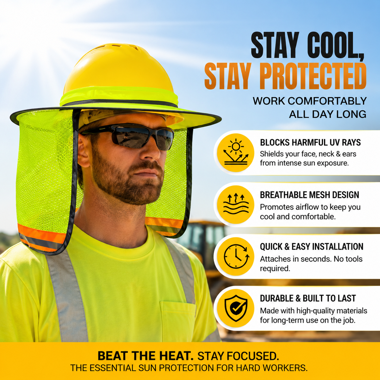 ☀️Full Brim Hard Hat Sun Shade with Reflective Stripe