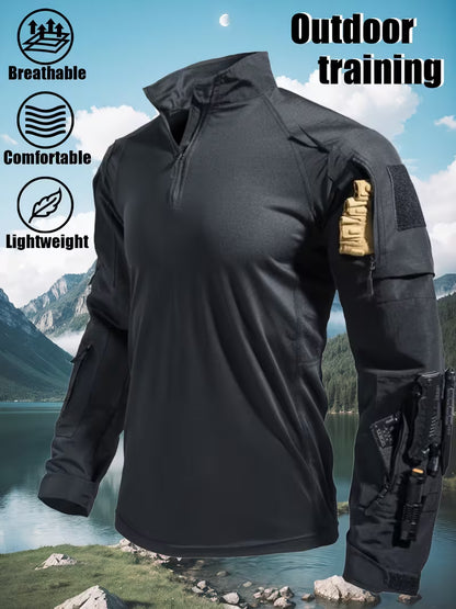 Men's Long-Sleeve Multi-Pocket Breathable Fabric Sports Training Combat T-Shirt