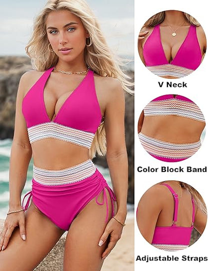 🔥Last Day 49% Off-High Waisted Tummy Control Color Block Bikini Sets
