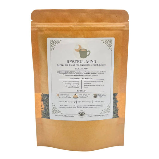 Restful Mind: Herbal Tea Blend for Nighttime Overthinkers (Caffeine-Free) Organic Herbal Traditional Loose Leaf Tea for Mental Relaxation, Rest, & Respiratory Support with Passionflower, Skullcap, Lavender, Mullein