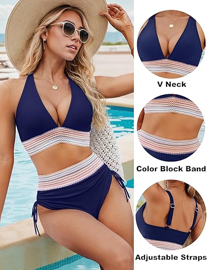 🔥Last Day 49% Off-High Waisted Tummy Control Color Block Bikini Sets
