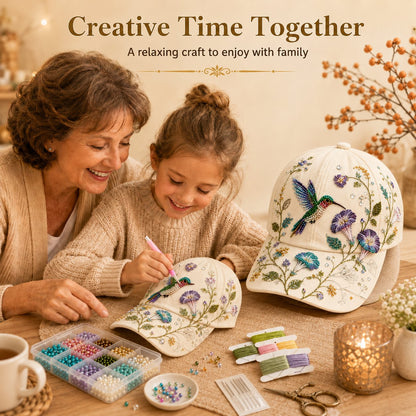 🧢🌸 Premium Hummingbird Garden Beaded Hat DIY Kit | Luxury Flocked Canvas with Scratch-Resistant Non-Fading Pearl Beads DIY Handmade Floral Cap Decor 🌿🪡✨