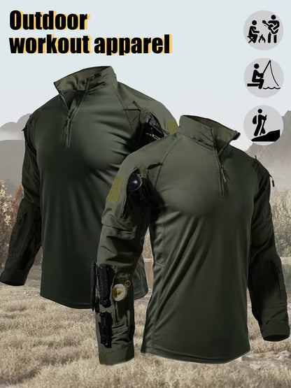 Men's Long-Sleeve Multi-Pocket Breathable Fabric Sports Training Combat T-Shirt