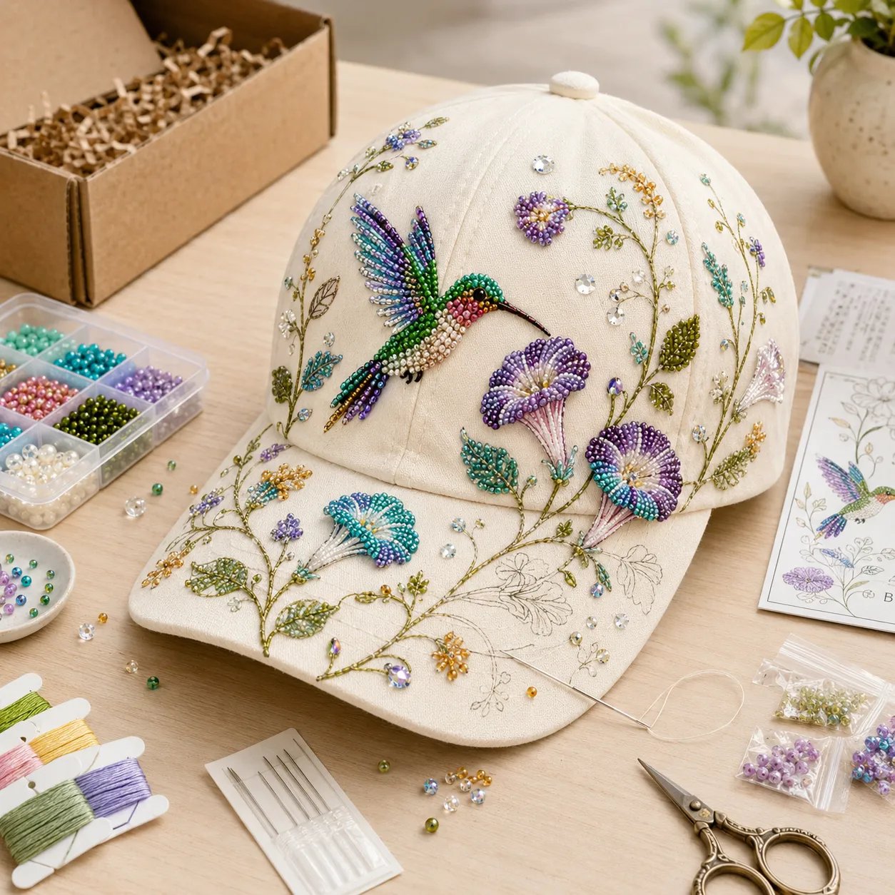 🧢🌸 Premium Hummingbird Garden Beaded Hat DIY Kit | Luxury Flocked Canvas with Scratch-Resistant Non-Fading Pearl Beads DIY Handmade Floral Cap Decor 🌿🪡✨