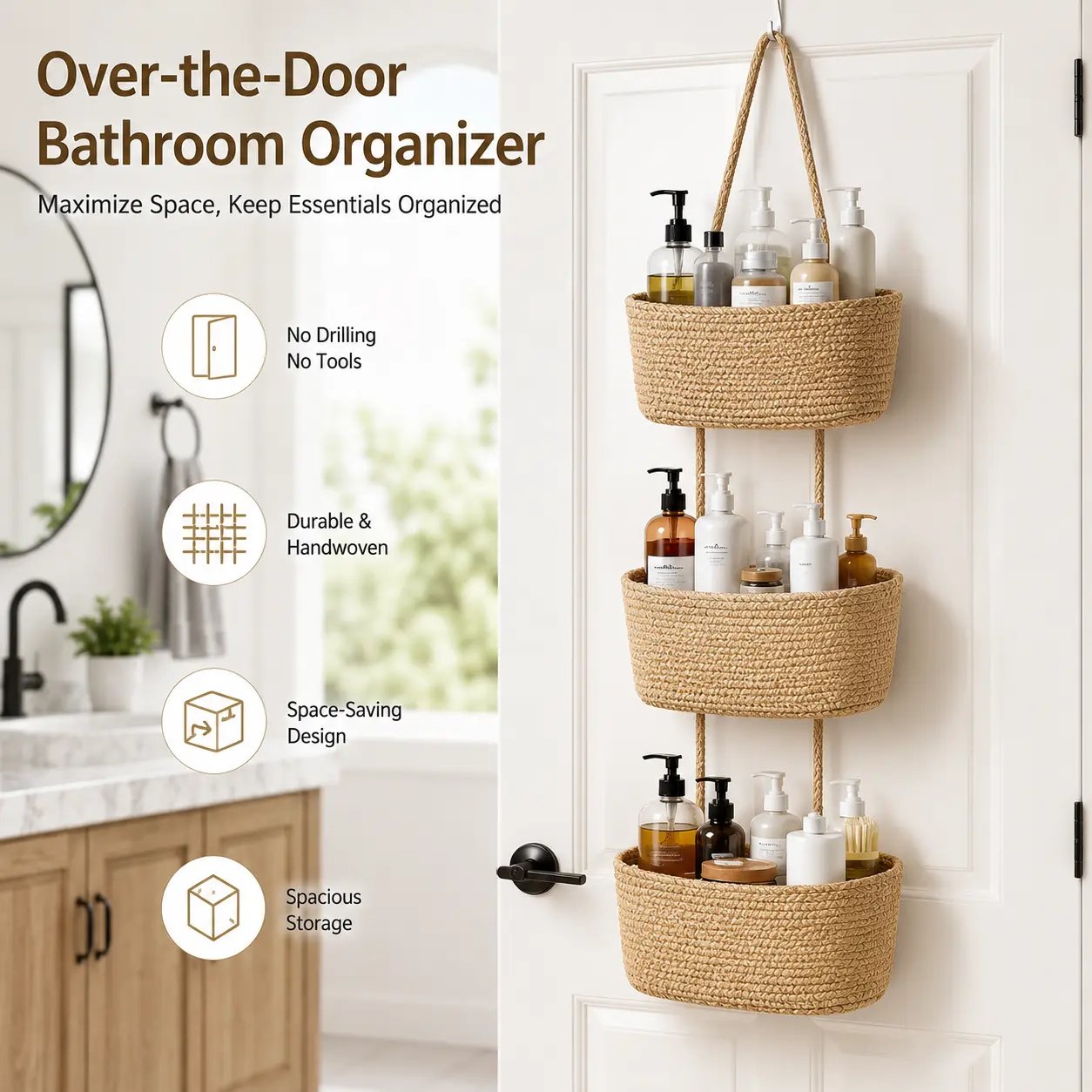 🌿 Woven Cotton 3-Tier Over-Door Basket