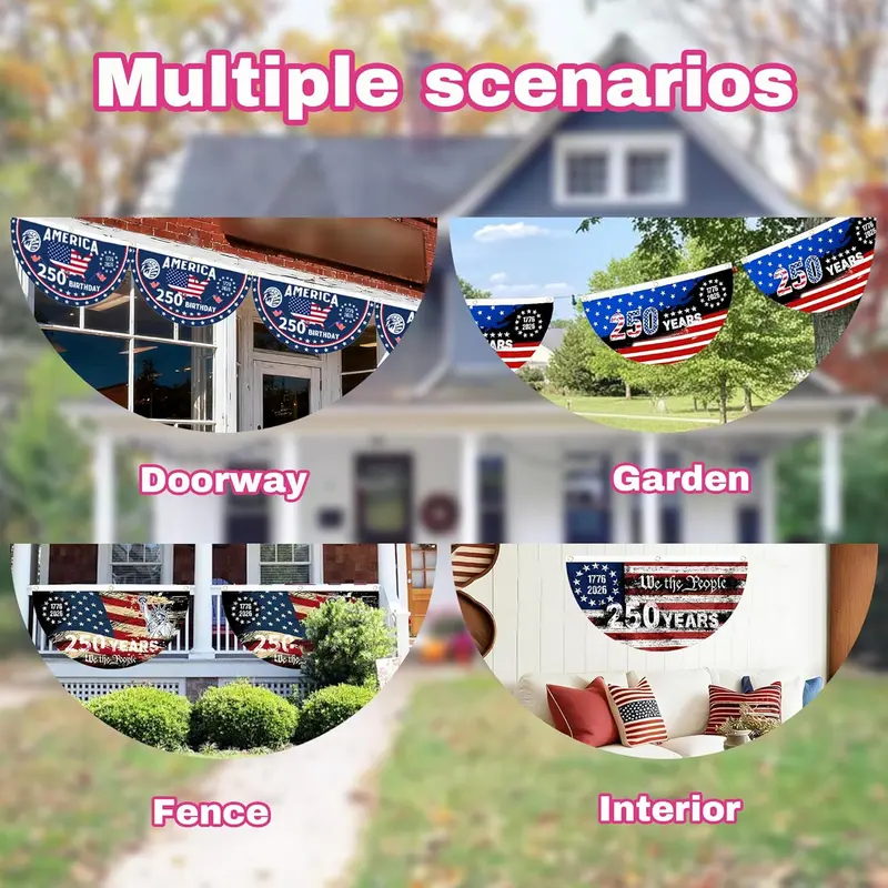 America 250th Birthday Semicircular Flag Banner 1776–2026 Patriotic Bunting, USA Independence Day Porch Decor Flag, Fourth Of July Patriotic Half Fan Flag Decoration For Porch Fence Yard