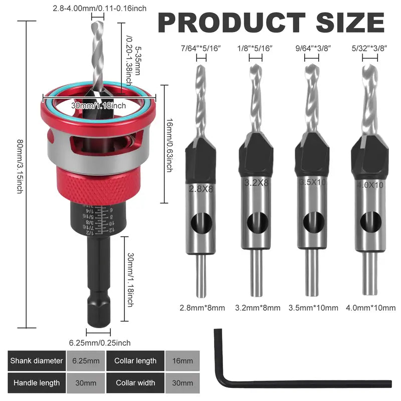 Countersink Drill Bit Set with Depth Stop 4PCS