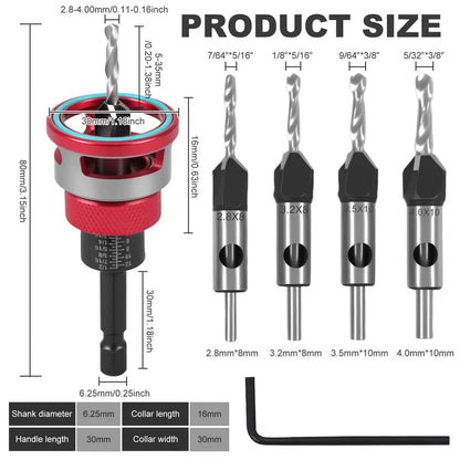 Countersink Drill Bit Set with Depth Stop 4PCS