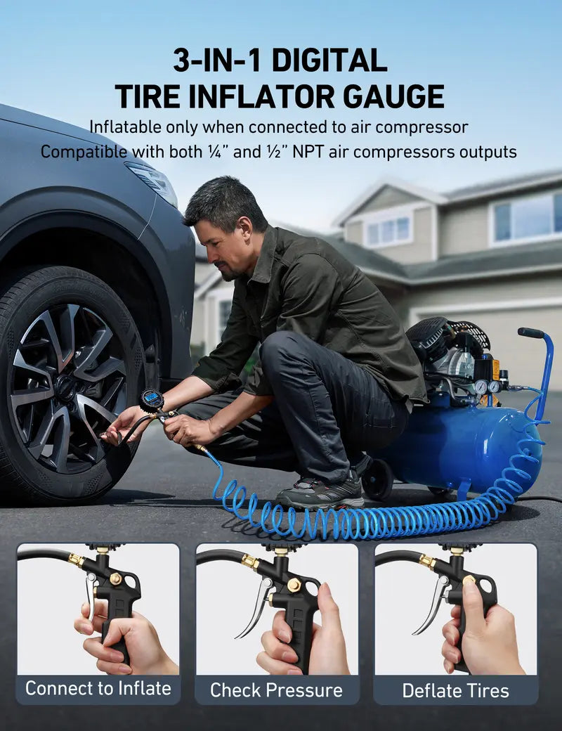 3-in-1 Tire Inflator & Gauge | Accurate 250 PSI Brass Air Compressor Tool
