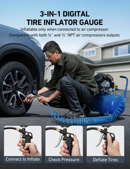 3-in-1 Tire Inflator & Gauge | Accurate 250 PSI Brass Air Compressor Tool