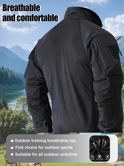 Men's Long-Sleeve Multi-Pocket Breathable Fabric Sports Training Combat T-Shirt