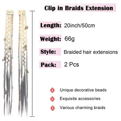 🔥🆕 2026 Boho Dreadlock Clip-In Hair Extensions 🌿 – 20" Braided Hair with Beads & Charms