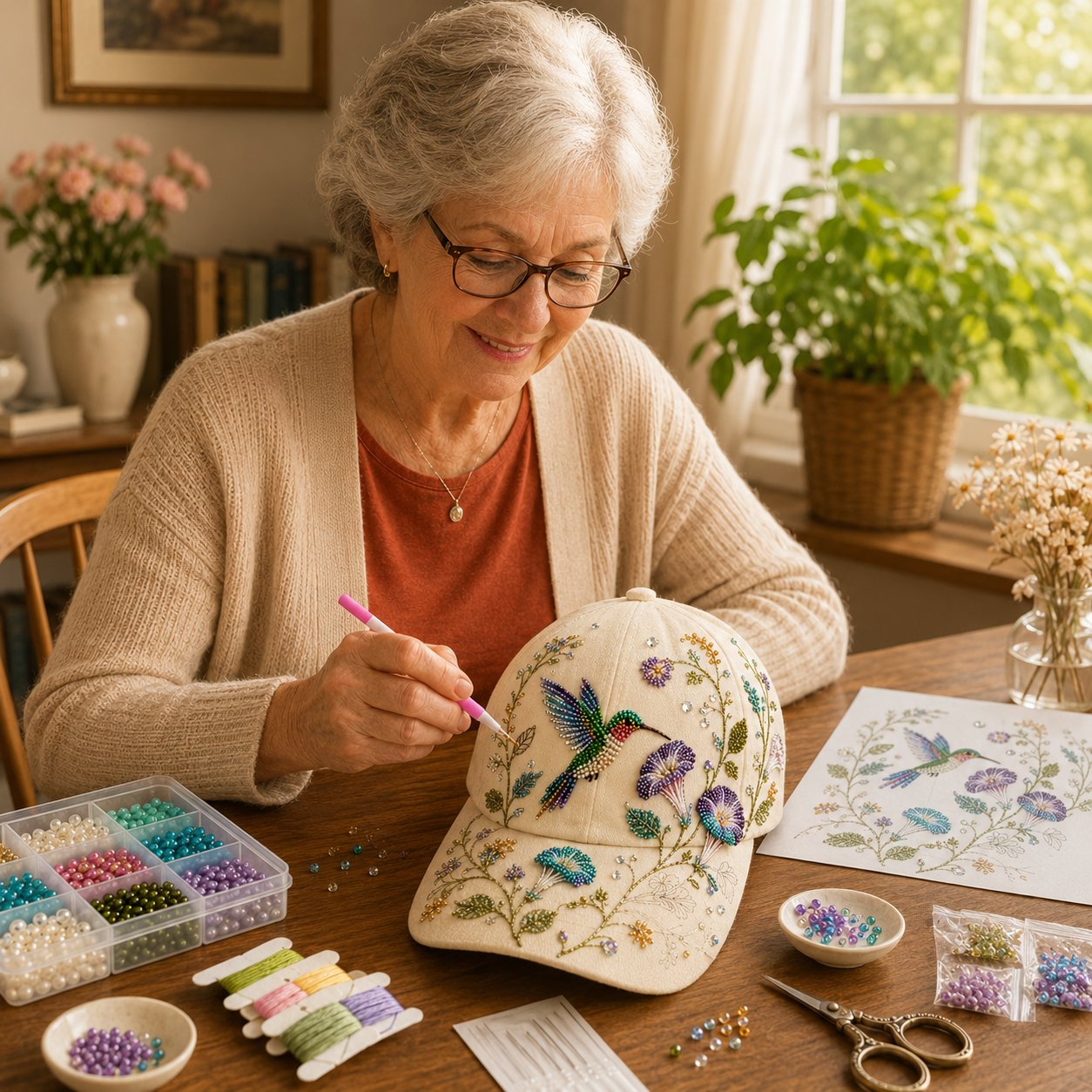 🧢🌸 Premium Hummingbird Garden Beaded Hat DIY Kit | Luxury Flocked Canvas with Scratch-Resistant Non-Fading Pearl Beads DIY Handmade Floral Cap Decor 🌿🪡✨
