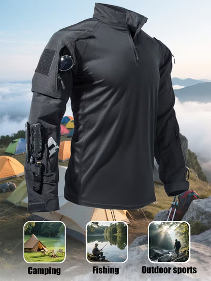 Men's Long-Sleeve Multi-Pocket Breathable Fabric Sports Training Combat T-Shirt
