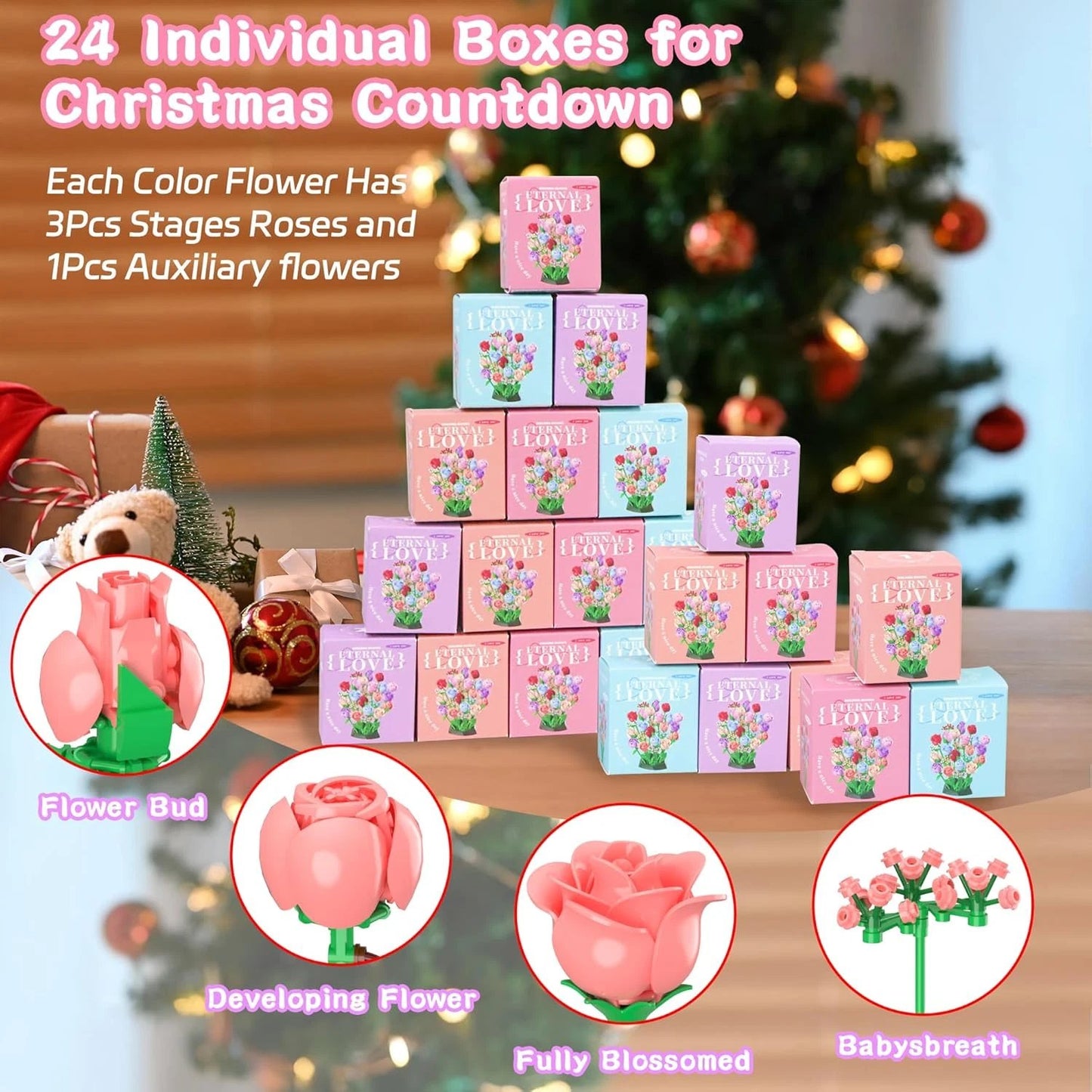 🌹2025-24 Days Flower Bouquet Christmas Countdown Advent Calendar